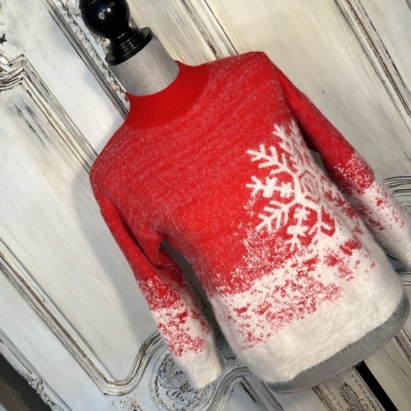 Red and White Snowflakes Eyelash Yarn High Crewneck Super Soft Pullover Sweater - Picture 2 of 11